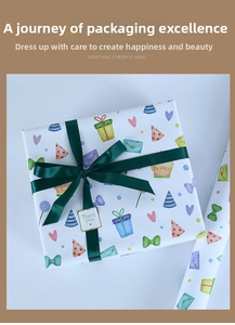 Detail of festive gift wrapping paper with hearts, hats, green ribbon and thank you sticker