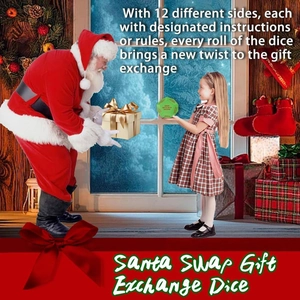 Green 12-sided Santa Swap gift exchange dice game with golden gift box in festive scene