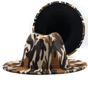 Unisex camouflage wide brim fedora hat in khaki wool felt with a modern flat brim design