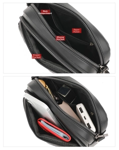 Internal view of fashion crossbody bag with three zipper compartments and phone pocket