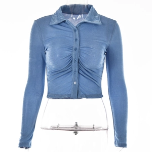 Detail view of blue long sleeve cardigan with lapel collar and ruched button front