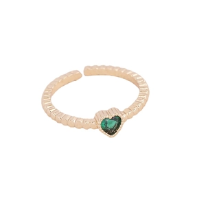 Gold-plated open ring featuring a green heart zircon and vintage textured band detail