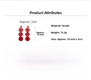 Detail showing red acrylic triple round drop earrings with dimensions 10.5cm by 3cm