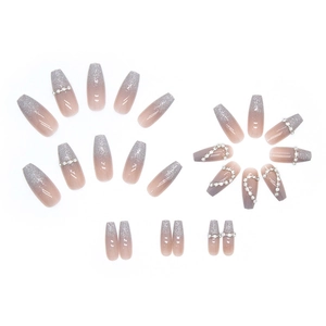 Long ballerina coffin press-on nails with pink gradient silver glitter and heart crystal rhinestones