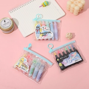 6-piece mini pill highlighter set in transparent pouch on pink background