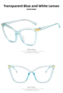 Cat eye blue light blocking glasses in transparent light blue showing front and side views