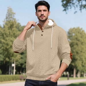 Sweat à capuche en tricot kaki pour homme avec texture jacquard et empiècements aux coudes