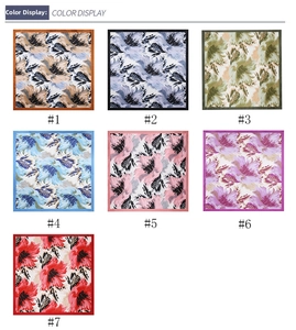 Matrix display of floral silk-feel square scarves in seven vibrant assorted colors