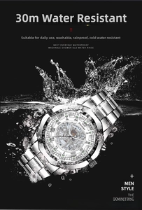 Skeleton mechanical watch underwater showing 30m water resistance and steel texture