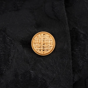 Women's black jacquard long coat featuring luxury golden braided textured buttons