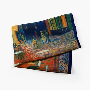 Detail of Van Gogh Cafe Terrace painting on a folded twill silk square scarf for women