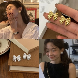 Bowknot Stud Earrings Copper Metal Ribbon Texture Minimalist Elegant Fashion Jewelry Gift For Women