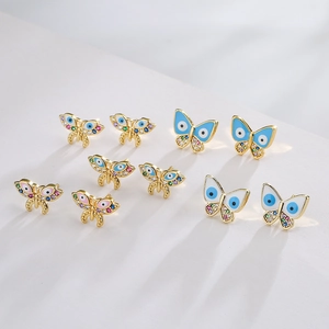 Butterfly Stud Earrings Copper Base Colorful Cubic Zirconia Enamel Evil Eye Gold Plated Delicate Jewelry Women