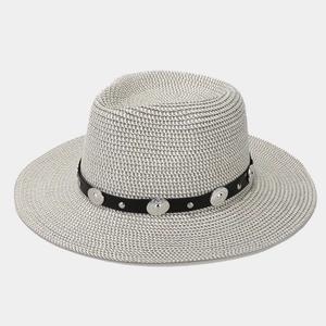 Straw fedora hat in light grey with black leather band and ethnic silver metal studs