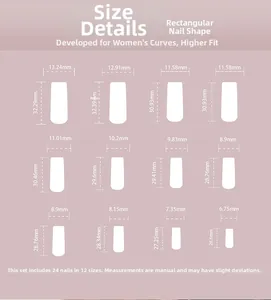 Size chart for pink long square press-on nails featuring 24 pieces in 12 various sizes
