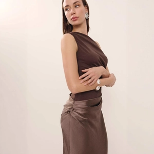 Elegant brown one-shoulder satin patchwork maxi dress with sleek minimalist commuter style