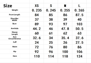 Detailed size chart for the beaded blazer dress showing weight and body measurements