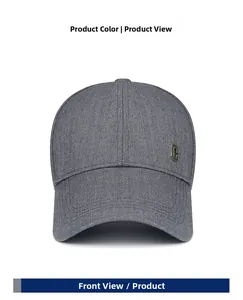 Front detail of grey baseball cap with metallic C logo and textured cotton twill fabric