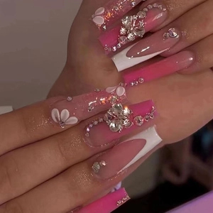 Faux Ongles à Presser Ballerine Longs Dégradé Rose Vif Papillon Floral Ornés de Strass Faux Ongles à la Mode pour Femmes Fête