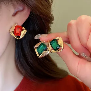 Vintage geometric stainless steel necklace and emerald-cut crystal earrings set