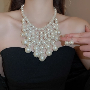 Detailed view of elegant multi-layered pearl necklace and matching earrings set on a model