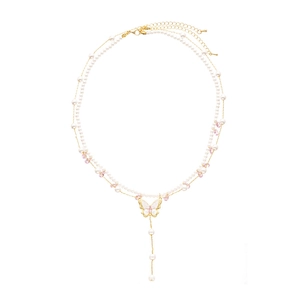 Double-layer pearl necklace with golden butterfly pendant and pink crystal drops