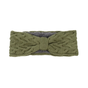 Detail of olive green knit headband with warm grey fleece lining and cable knit texture