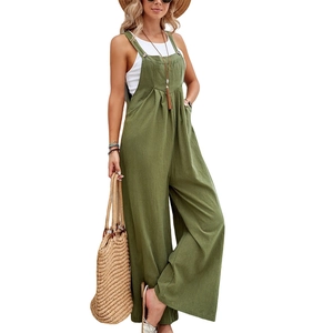 Detail of olive green wide-leg overalls with linen texture and loose fit silhouette