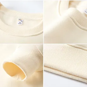 Close-up of ribbed cuffs, collar, and fabric texture of a beige men's hooded sweatshirt