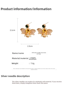 Detailed specs for 925 silver needle bee earrings with cubic zirconia inlay and copper base