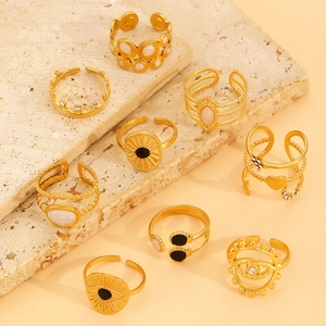 Bohemian 18K gold plated hollow adjustable rings set featuring evil eye and crown designs