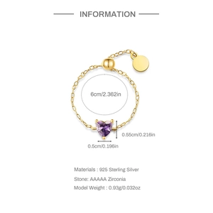 Detailed size specifications for S925 sterling silver heart ring with purple zircon stone