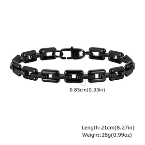Detailed view of 8.5mm black stainless steel curb chain bracelet with dimensions and weight