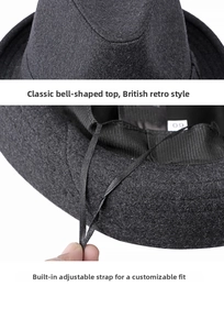 Detail view of dark grey wool felt hat showing classic crown and adjustable inner strap