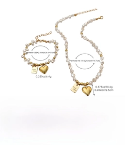 Detailed size specifications for baroque pearl necklace and bracelet set with heart charm