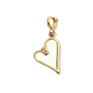 Close-up of heart-shaped shell pendant with gold frame and small diamonds on white background