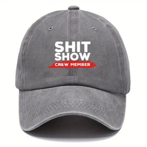 Unisex washed cotton baseball cap in charcoal grey with Shit Show Crew Member print