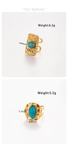 Detailed view of vintage gold rings with hammered texture and turquoise inlays