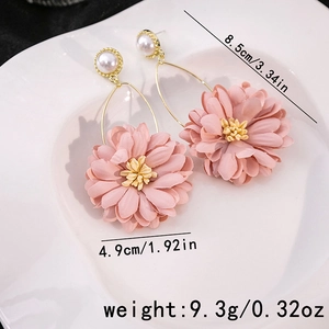Pink lace flower earrings with pearls and gold hoops, size 8.5cm by 4.9cm detail view