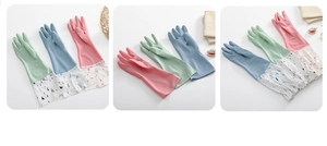 Fleece-lined waterproof rubber household gloves in green, blue, and pink with floral cuffs
