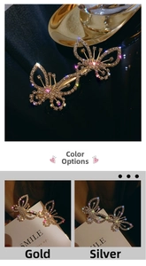 Macro shot of gold and silver butterfly hair clips with sparkling rhinestones and hollow design