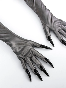 Close-up of long silver mesh cosplay gloves featuring sharp black gothic claw fingertips