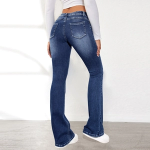 Slim fit dark blue flare jeans with high waist and back view of a slim silhouette