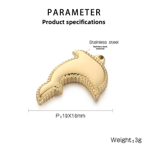 Detailed specs of a 19x16mm golden stainless steel dolphin pendant with beaded edges