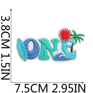 Detailed size view of ONE embroidery patch with sun, palm tree, and surfing board