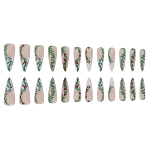 Christmas press-on nails with green vines and red rhinestones on almond shape tips