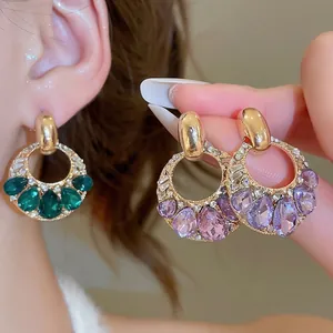 Orecchini A Cerchio Di Lusso Lega Strass Verde Viola Gemma Pera Con Perno In Argento Sterling 925 Per Donne