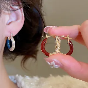 Twisted Hoop Earrings With Enamel Drip Oil Retro Metal Geometric Texture Fashion Jewelry For Women Office Commute