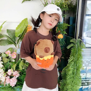 Cute Capybara plush crossbody bag for kids featuring a soft brown animal in an orange cup