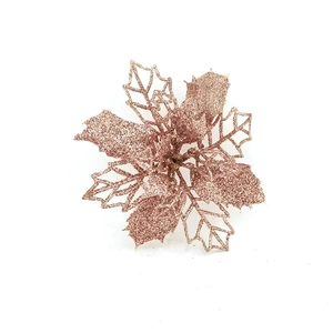 Detailed view of glittery rose gold artificial leaf for Christmas tree decoration
